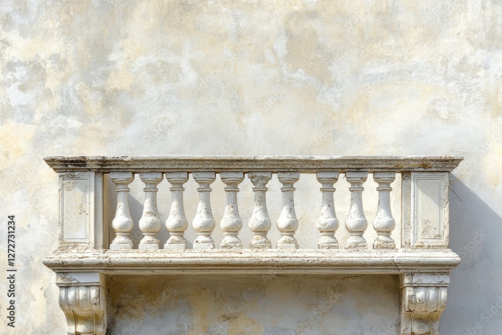 Fototapeta premium Elegant aged balustrade adorns a textured light colored stucco wall