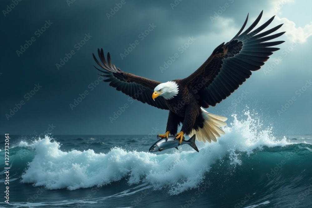 Obraz premium Majestic Bald Eagle Soaring Above Ocean Waves, Talons Grasping a Fresh Catch During a Stormy Day