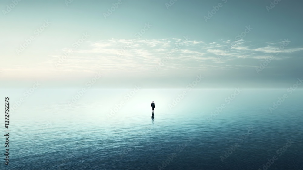 Lone Figure Walking on Water Toward the Horizon in a Dreamy Setting Lone Figure Walking on Water Toward the Horizon in a Dreamy Setting