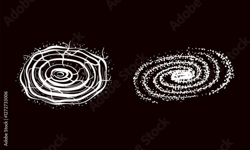 stylized abstract representations of spiral galaxies using contrasting black and white colors and varying line techniques.
