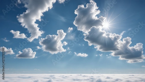 Heavenly Sunlight Illuminates a Sea of Clouds, Creating a Breathtaking Aerial View of Cumulus Clouds and Brilliant Sunbeams