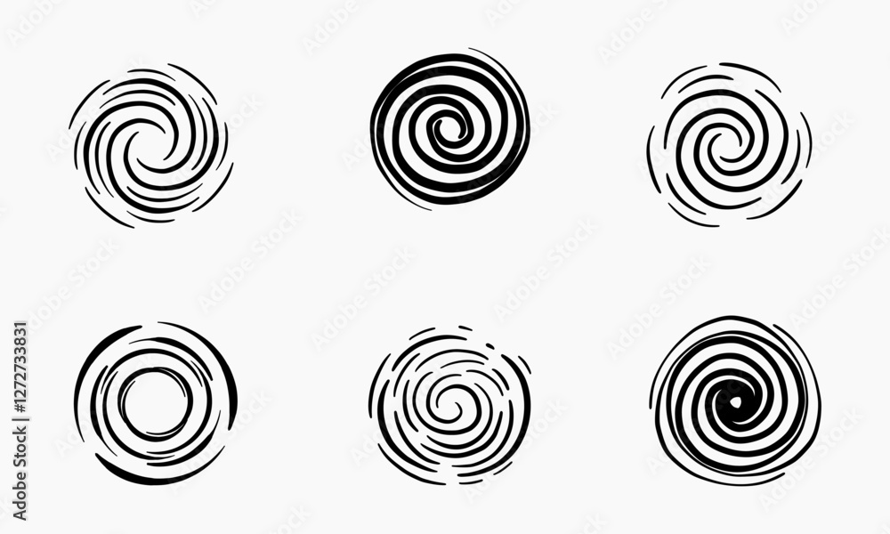 Set of variations of a black spiral design on a white background, showcasing different levels of detail and style. Set of variations of a black spiral design on a white background, showcasing different levels of detail and style.
