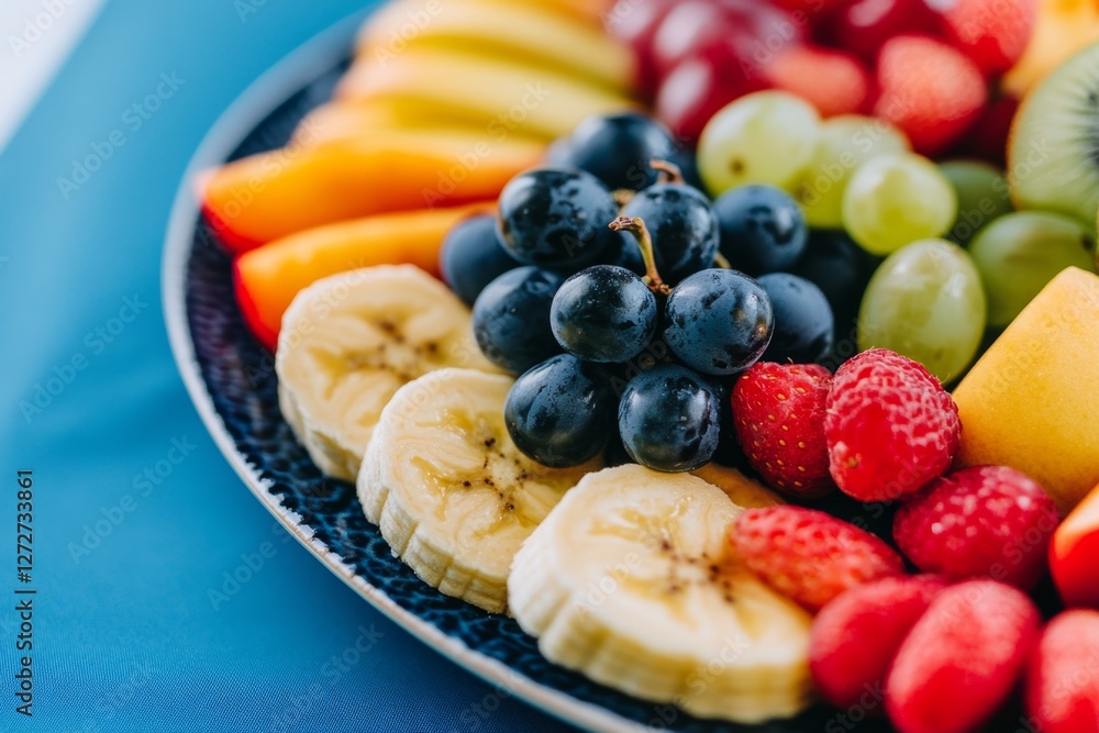 A plate of colorful fruits high in natural carbohydrates, including bananas, apples, and grapes A plate of colorful fruits high in natural carbohydrates, including bananas, apples, and grapes
