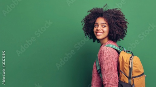 Young student with backpack on solid green background