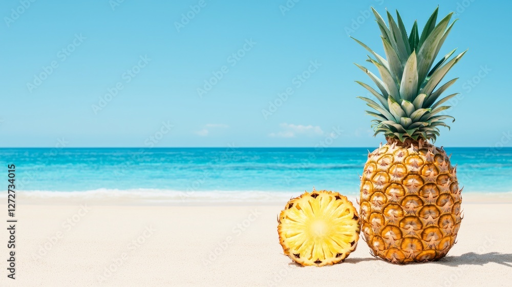 Fresh pineapple on a sandy beach with ocean waves and clear blue sky Fresh pineapple on a sandy beach with ocean waves and clear blue sky