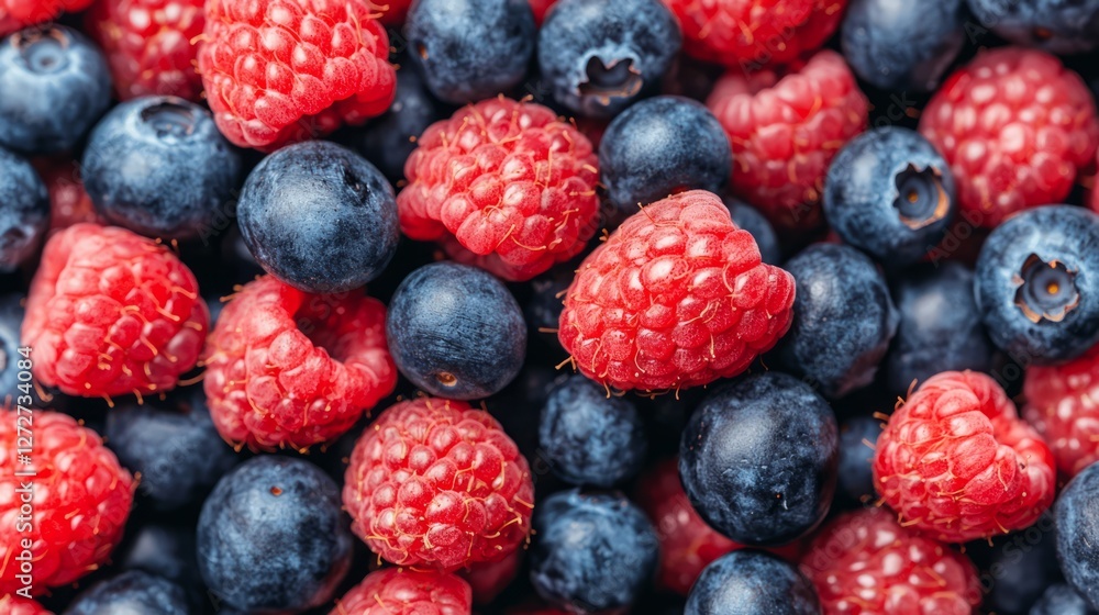 Fresh raspberries and blueberries arranged beautifully, showcasing vibrant colors Fresh raspberries and blueberries arranged beautifully, showcasing vibrant colors