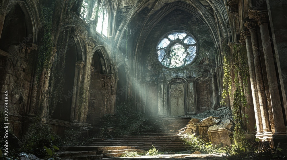 Fototapeta premium A hauntingly beautiful abandoned building with light streaming through broken windows, revealing its derelict charm.