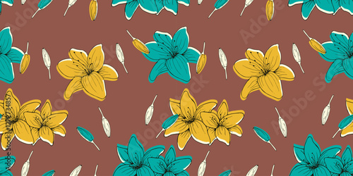 Seamless floral pattern, tropical, decor flowers, blue, yellow,endless, all over print to use textile, fabric, clothing, backdrop, wallpaper, home textile, clothing, fashion