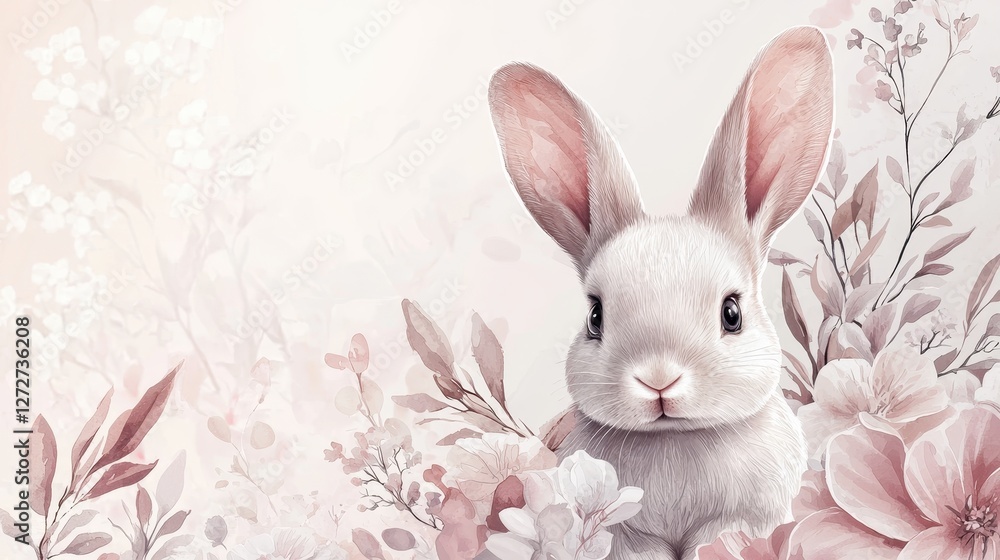 Obraz premium Whimsical white rabbit surrounded by floral splendor digital art soft pastel colors charming scene
