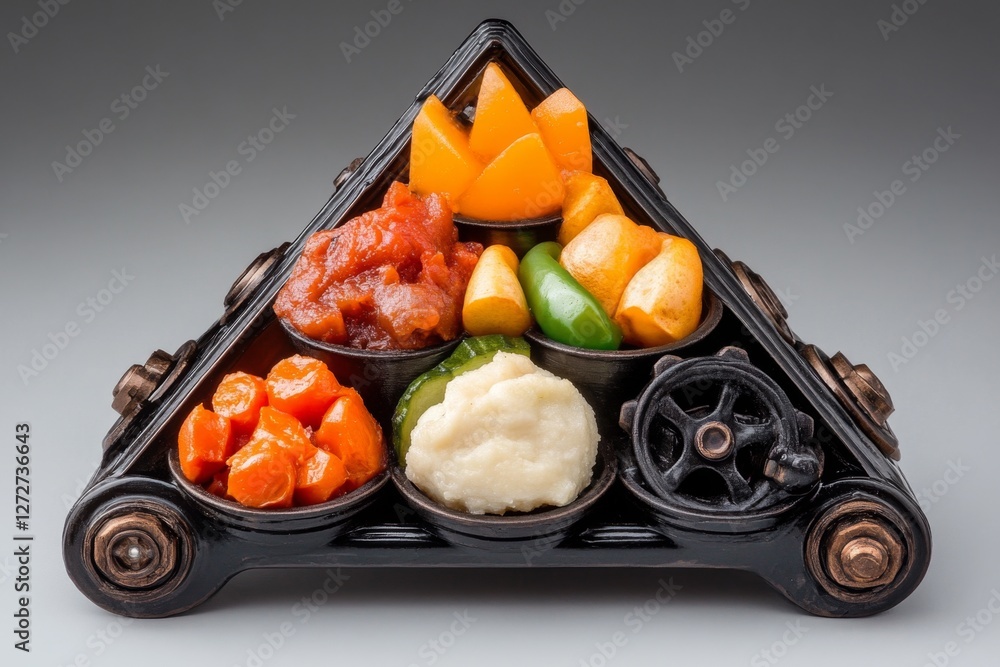 Naklejka premium A steampunk-style food pyramid, where gears and steam-powered dispensers sort food into different levels