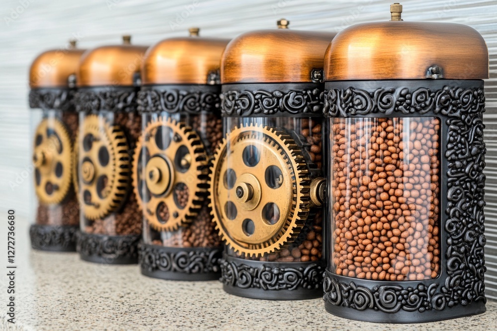 Naklejka premium A steampunk-style food pyramid, where gears and steam-powered dispensers sort food into different levels