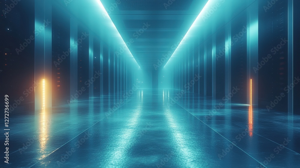 Futuristic Data Center Corridor with Neon Lights and Fog Effects Futuristic Data Center Corridor with Neon Lights and Fog Effects