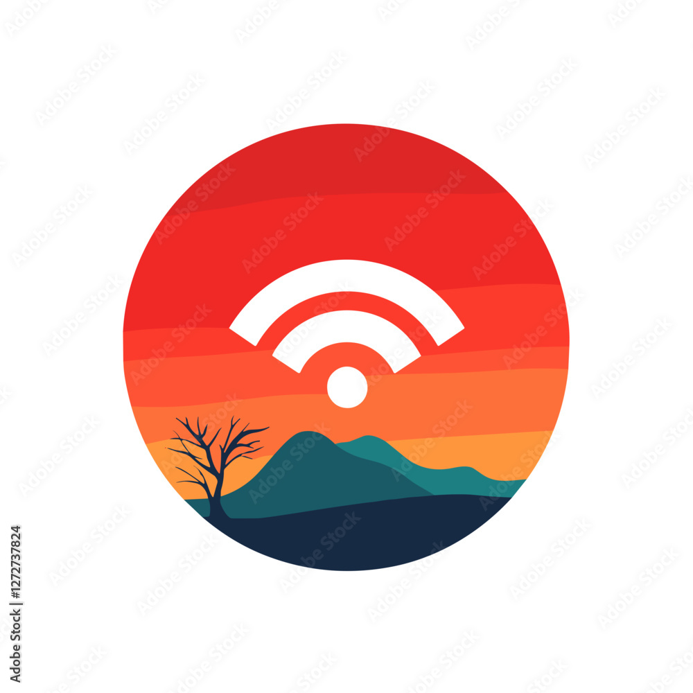 Fototapeta premium Wi-Fi signal over a scenic sunset mountain landscape.