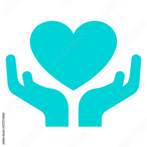 Caring hands holding a heart symbol in teal.