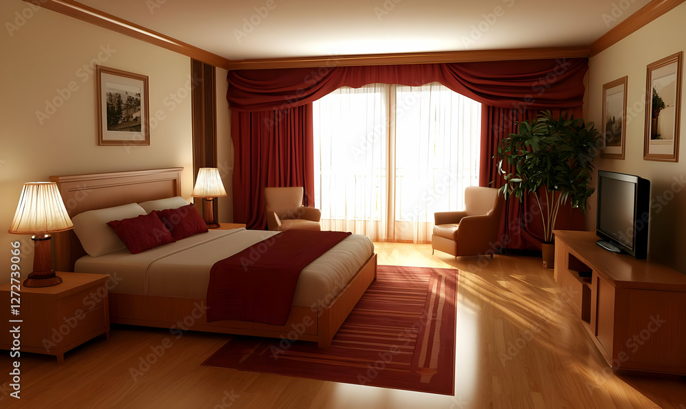 Luxurious hotel bedroom, sunlit, calm Luxurious hotel bedroom, sunlit, calm