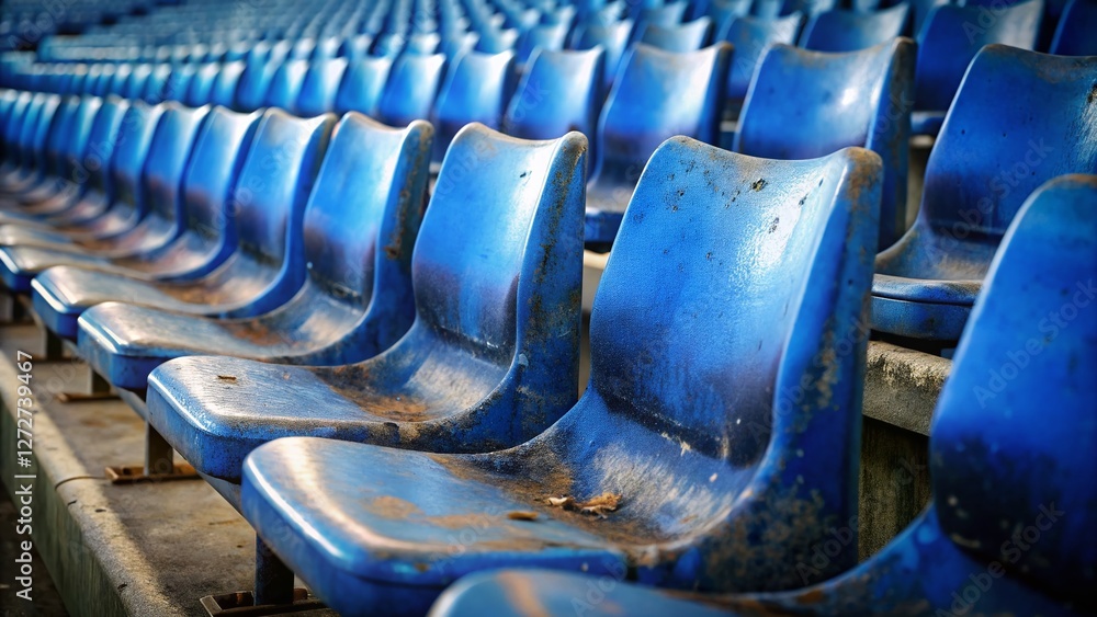 Fototapeta premium Worn Blue Stadium Seats: High-Resolution Stock Photo of Bleachers