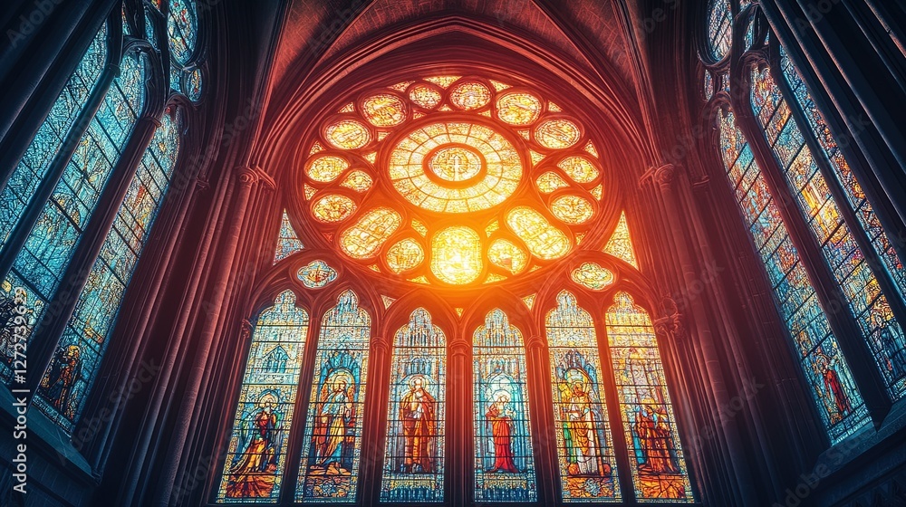 Obraz premium An intricate stained-glass window glowing in a historic cathedral 