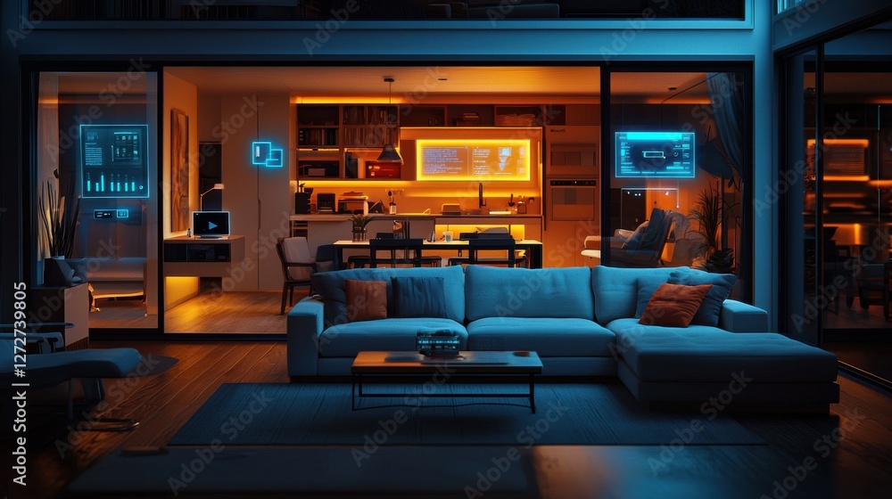 Transforming modern living a smart home icon with holographic technology Transforming modern living a smart home icon with holographic technology