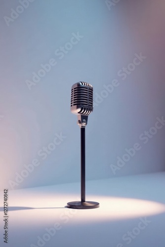 A vintage microphone on a stand, illuminated by a soft light, ready for a performance or recording session in a minimalist setting.