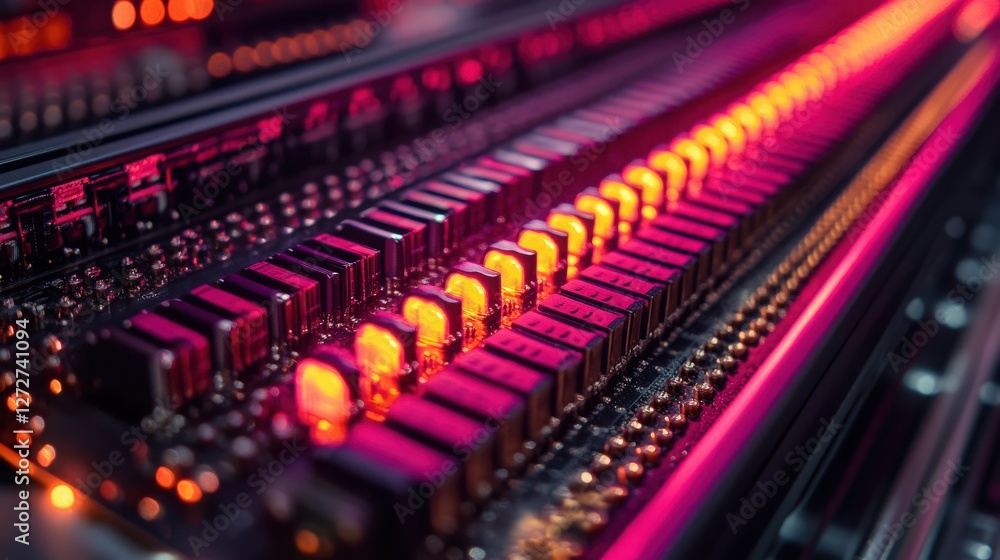 Fototapeta premium Vibrant Circuit Board Close-Up with Glowing Lights and Details