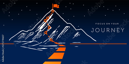 journey concept vector illustration of a mountain with path and a flag at the top, route to mountain peak, business journey and planning concept.