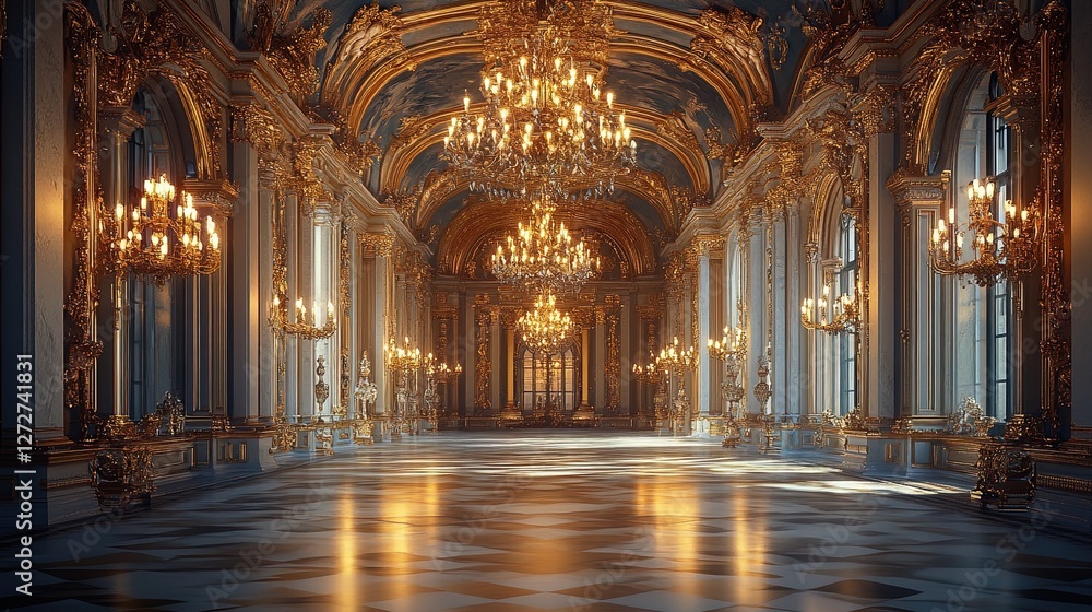 Fototapeta premium A royal ballroom with intricate golden detailing and elegant chandeliers