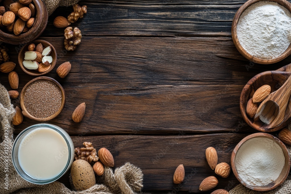 Overhead shot of rustic wooden table featuring almonds flour and milk food photography cozy kitchen environment natural light organic ingredients for culinary inspiration