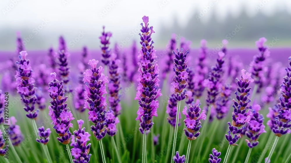 Lavender field in a misty morning. Ideal for nature, relaxation, or agriculture backgrounds Lavender field in a misty morning. Ideal for nature, relaxation, or agriculture backgrounds