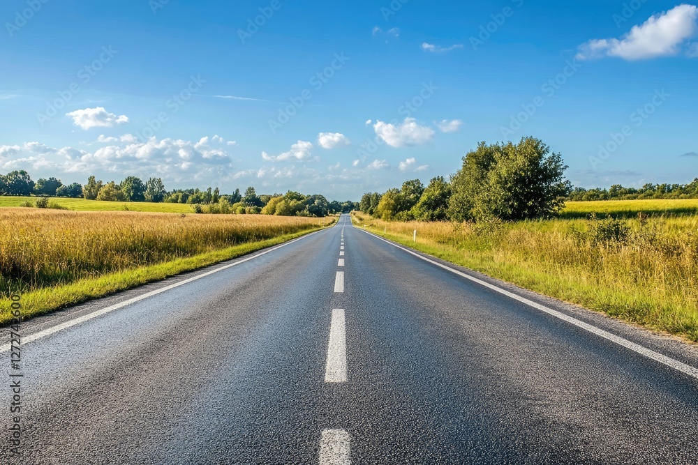 Rural asphalt road, sunny day, countryside, travel Rural asphalt road, sunny day, countryside, travel