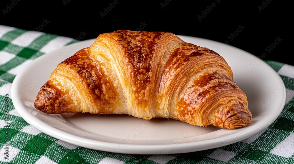 Freshly baked croissant on a white plate with a checkered green napkin backdrop Freshly baked croissant on a white plate with a checkered green napkin backdrop