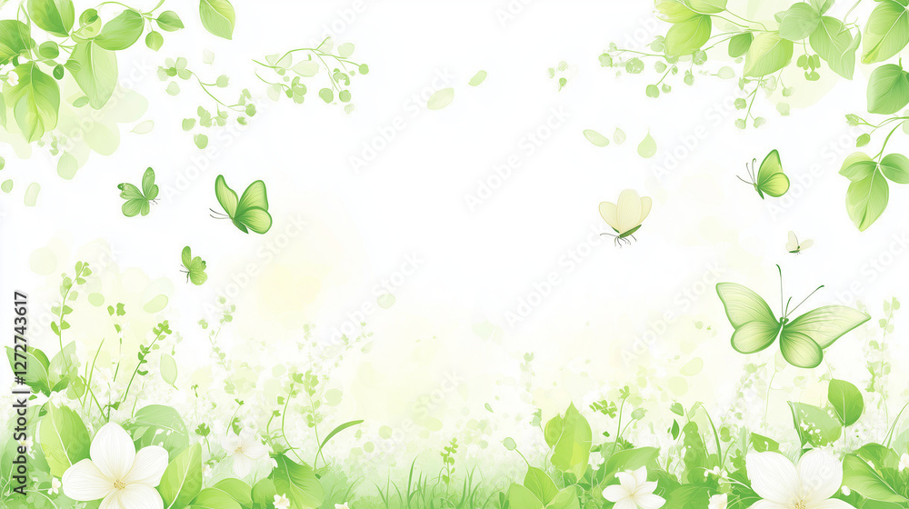 Hello spring text background design. Spring greeting typography with fresh bloom flowers and butterfly elements in empty space for holiday season celebration Hello spring text background design. Spring greeting typography with fresh bloom flowers and butterfly elements in empty space for holiday season celebration