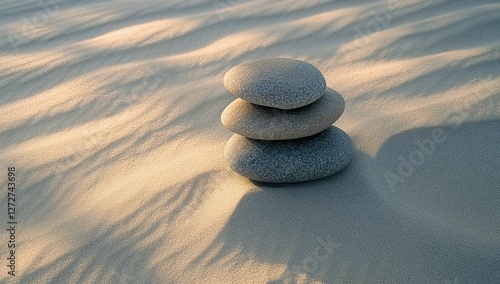 Stacking Stones on Sand: A Serene Beachscape, Creating Balance and Tranquility with Nature's Elements. photo