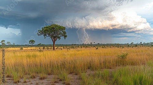 Dramatic Lightning Storm Over African Savanna. photo