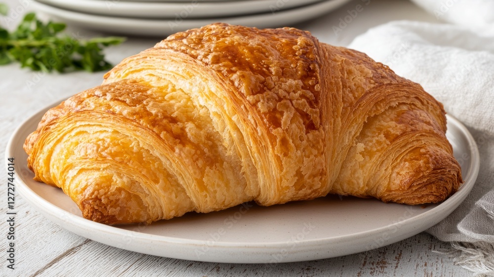 Freshly baked golden croissant on a rustic plate with herbs in the background Freshly baked golden croissant on a rustic plate with herbs in the background