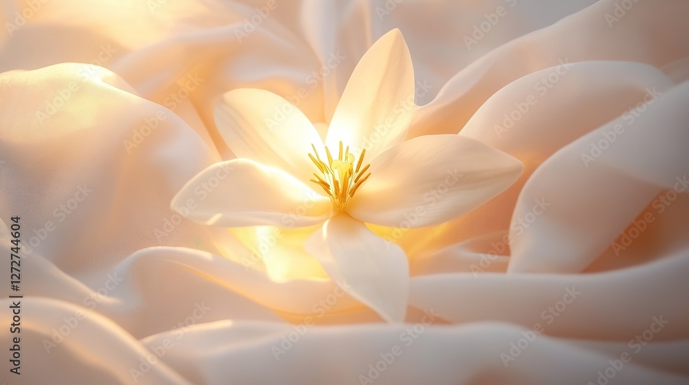 Fototapeta premium Glowing Flower Nestled in Soft Fabric, Symbolizing Elegance, Femininity, and Women's Day Celebration, Feminism Concept
