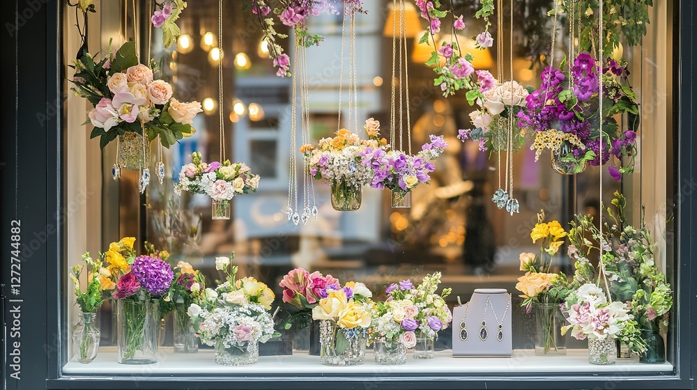 Fototapeta premium Celebrating Women's Day: Hanging Floral Arrangements with Jewelry in Storefront Window, Embodying Feminism and Empowerment