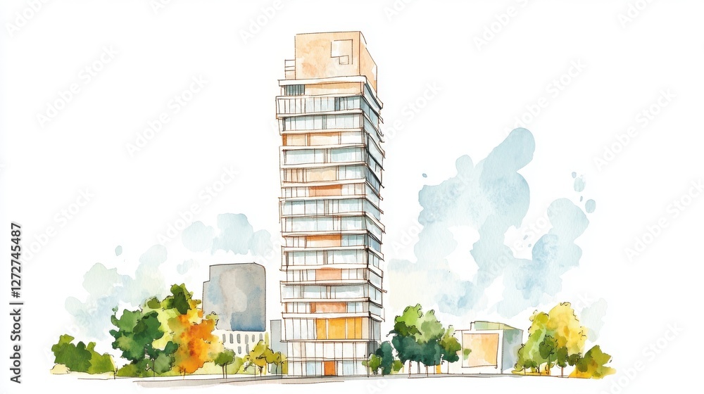 Naklejka premium A beautiful watercolor painting of a modern building surrounded by lush greenery, showcasing a blend of contemporary design and nature.
