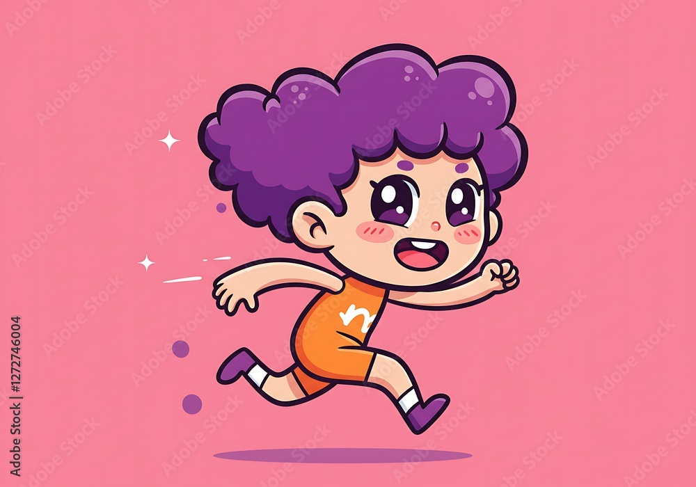 Cartoon Boy Running Fast with Purple Hair on Pink Background Cartoon Boy Running Fast with Purple Hair on Pink Background