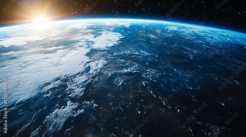 Fototapeta premium Earth View From Space at Sunrise with Cloud Formations and Starfield