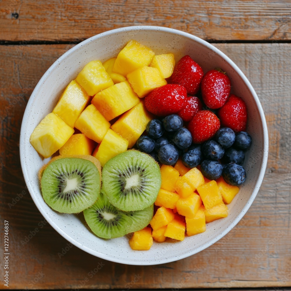 Freshly cut fruit salad in a bowl showcasing vibrant colors on a wooden table Freshly cut fruit salad in a bowl showcasing vibrant colors on a wooden table