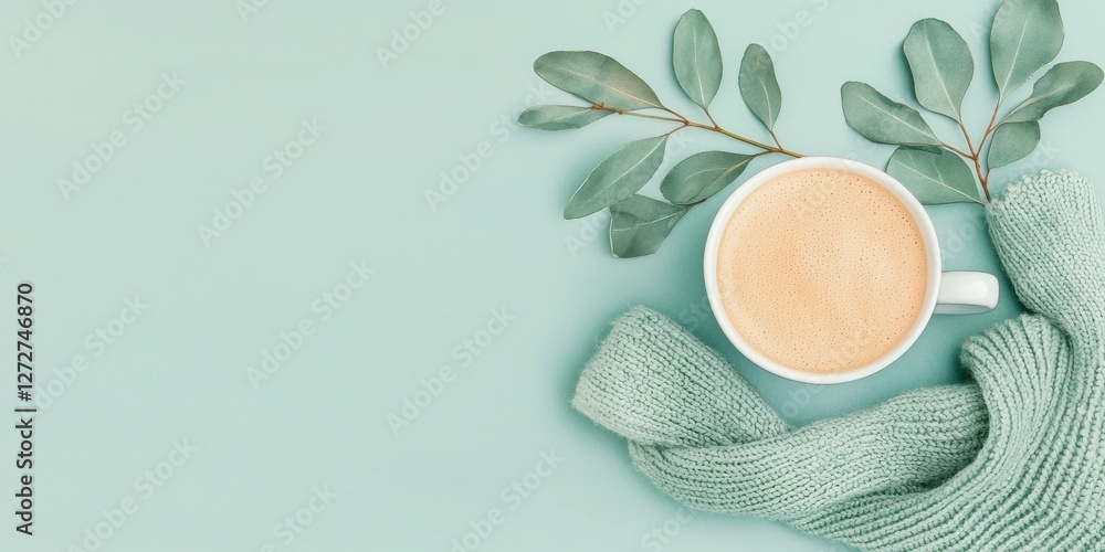 Obraz premium Cozy coffee cup and scarf flat lay indoor setting lifestyle calm atmosphere overhead view