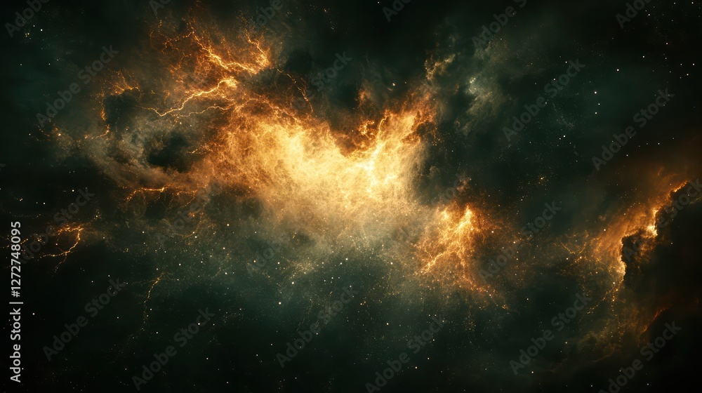 Fiery nebula in deep space, with swirling orange and gold clouds against a dark backdrop of stardust and distant stars. Fiery nebula in deep space, with swirling orange and gold clouds against a dark backdrop of stardust and distant stars.
