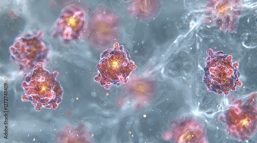 Microscopic View of Red and Orange Cells in Fluid photo