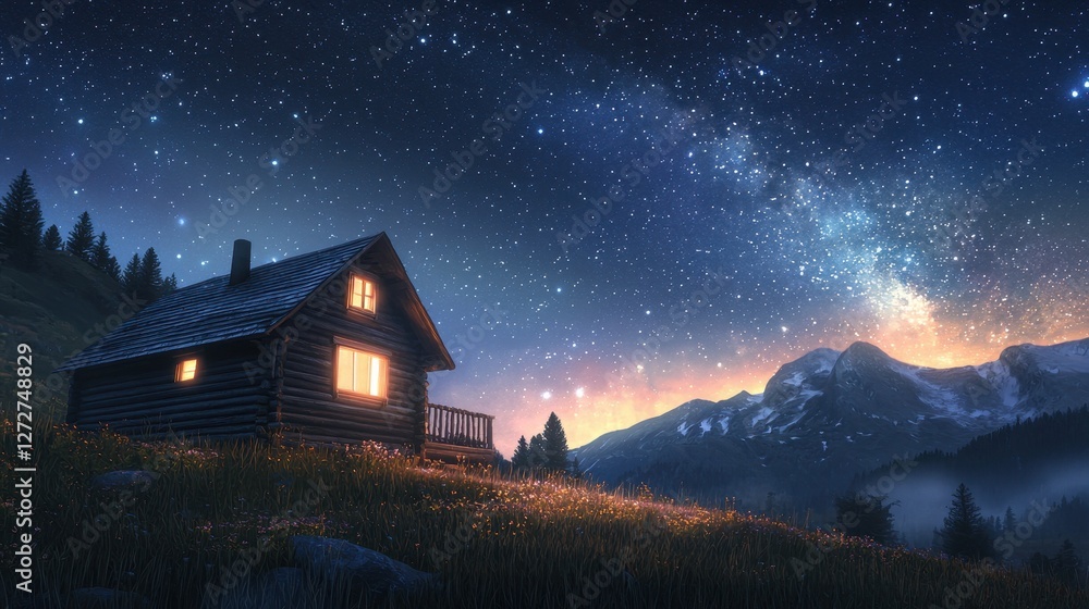 Cozy Wooden Cabin in the Mountains Under a Starry Night Sky Cozy Wooden Cabin in the Mountains Under a Starry Night Sky