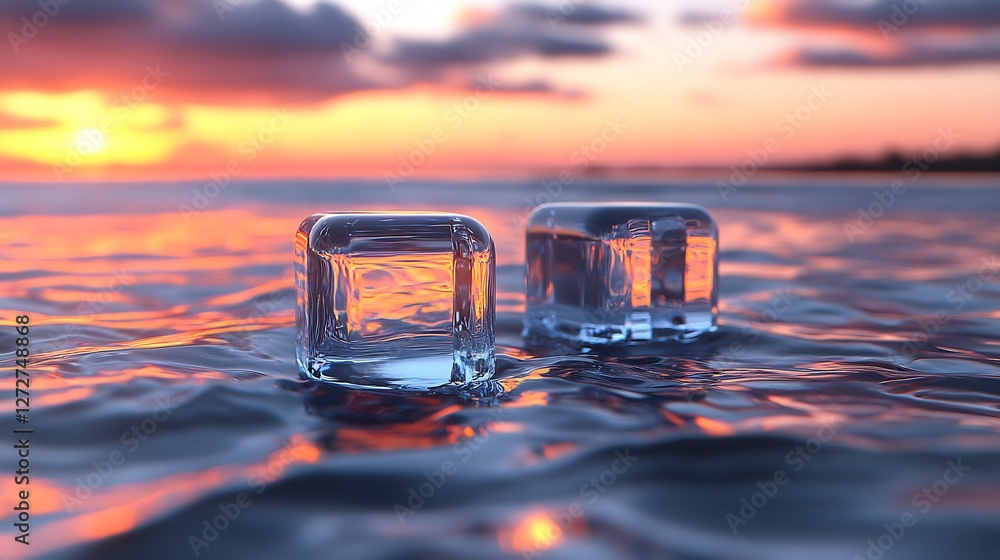 Fototapeta premium Two ice cubes gently float on calm water reflecting a vibrant sunset. AI Generated