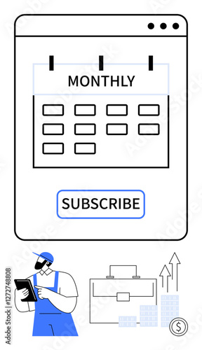 Monthly calendar interface with SUBSCRIBE button, person using tablet, briefcase, charts and growth arrows. Ideal for marketing, business strategy, e-commerce, subscriptions, scheduling financial