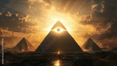 Glowing Eye of Horus Symbol Illuminating Pyramids in the Sky