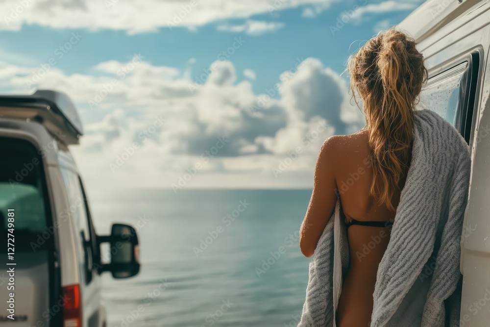 Fototapeta premium A woman with wet hair in a towel, standing next to her camper van with the sea and sky in the distance, enjoying her time by the water after a swim.