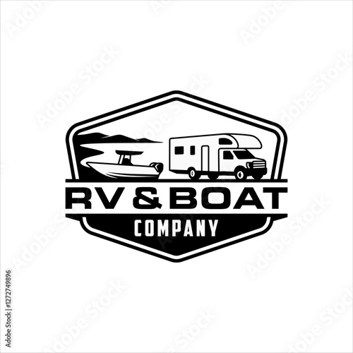 RV and boat logo on the lake with classic style badge design