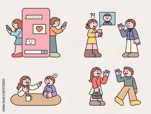 Modern dating and relationships illustration set. Features online chatting, first meetings, dating surprises, and fun conversations. Cute flat-style characters with pastel colors